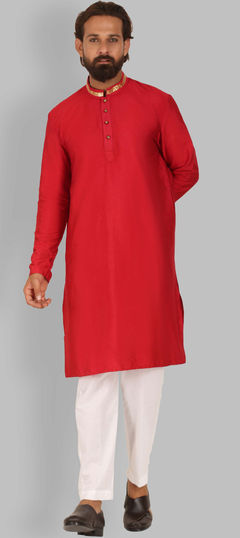 Red and Maroon color Kurta Pyjamas in Raw Silk fabric with Sequence work