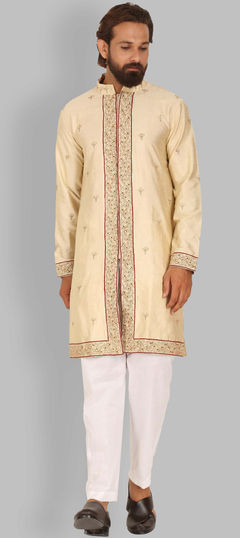 Gold color Kurta Pyjamas in Raw Silk fabric with Thread, Zari work