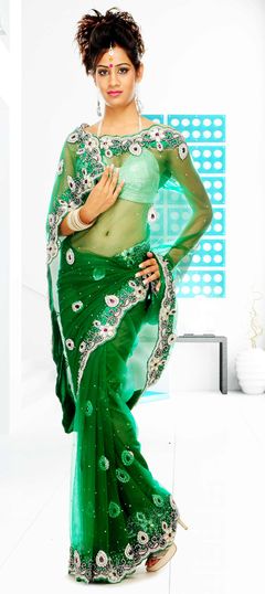 Green color Saree in Net fabric with Stone, Thread work