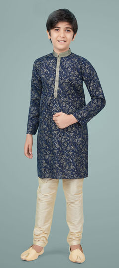 Blue color Boys Kurta Pyjama in Silk cotton fabric with Printed work : 1740460