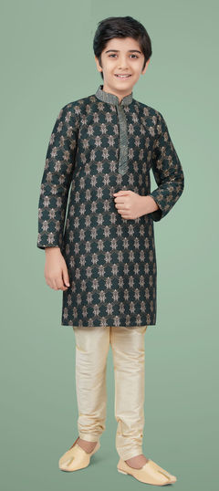 Green color Boys Kurta Pyjama in Ghicha Silk fabric with Zari work : 1740463