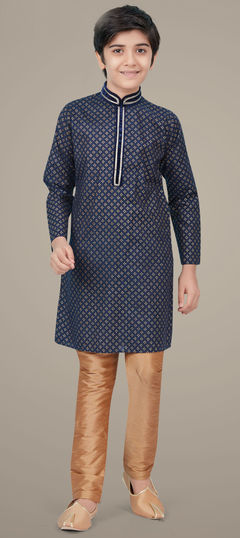 Blue color Boys Kurta Pyjama in Silk cotton fabric with Printed work : 1740469