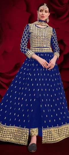 Blue color Salwar Kameez in Georgette fabric with Border, Embroidered, Thread, Zari work