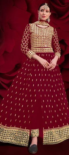 Red and Maroon color Salwar Kameez in Georgette fabric with Border, Embroidered, Thread, Zari work