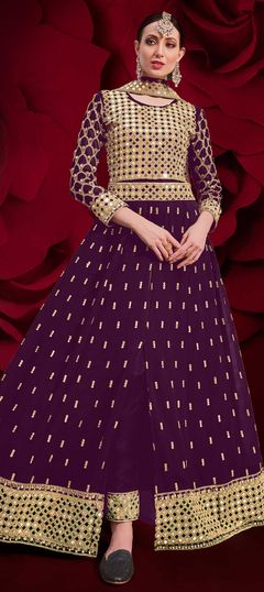 Purple and Violet color Salwar Kameez in Georgette fabric with Border, Embroidered, Thread, Zari work