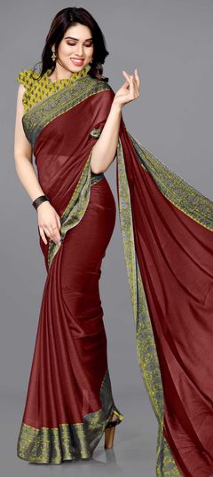 Red and Maroon color Saree in Faux Chiffon fabric with Printed work