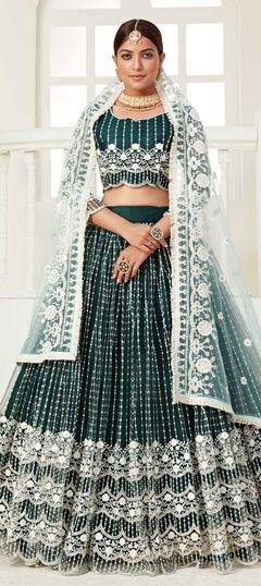 Green color Lehenga in Net fabric with Embroidered, Resham, Sequence, Thread work