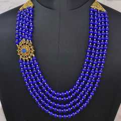 Blue color Groom Necklace in Metal Alloy studded with CZ Diamond, Pearl & Gold Rodium Polish : 1740967