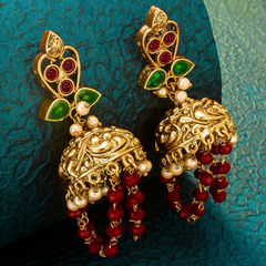 Gold Rodium Polish Green, Red and Maroon color Earrings in Metal Alloy studded with Kundan