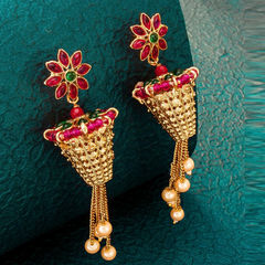 Gold Rodium Polish Green, Pink and Majenta color Earrings in Metal Alloy studded with Kundan
