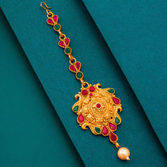 Gold Rodium Polish Green, Pink and Majenta color Mang Tikka in Metal Alloy studded with Kundan