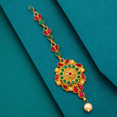 Gold Rodium Polish Green, Pink and Majenta color Mang Tikka in Metal Alloy studded with Kundan