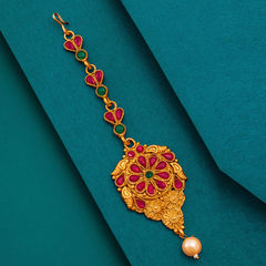 Green, Pink and Majenta color Mang Tikka in Metal Alloy studded with Kundan & Gold Rodium Polish : 1741193