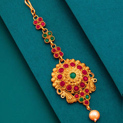 Gold Rodium Polish Green, Pink and Majenta color Mang Tikka in Metal Alloy studded with Kundan