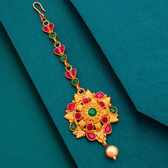 Gold Rodium Polish Green, Pink and Majenta color Mang Tikka in Metal Alloy studded with Kundan