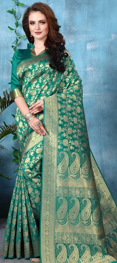 Blue color Saree in Art Silk, Silk fabric with Weaving work