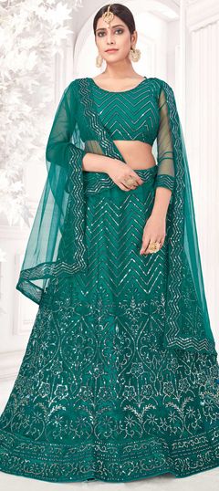 Green color Lehenga in Net fabric with Embroidered, Resham, Sequence, Thread work