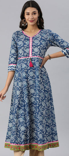 Blue color Kurti in Cotton fabric with Floral, Printed work