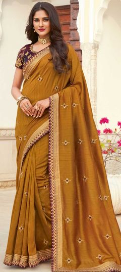 Yellow color Saree in Jute, Silk fabric with Border, Embroidered, Thread, Zari work