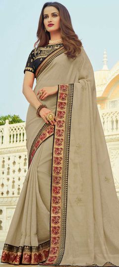 Beige and Brown color Saree in Banarasi Silk, Silk fabric with Border, Embroidered, Thread, Zari work