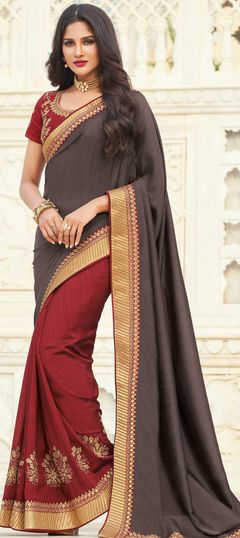 Black and Grey, Red and Maroon color Saree in Banarasi Silk, Silk fabric with Border, Embroidered, Thread, Zari work