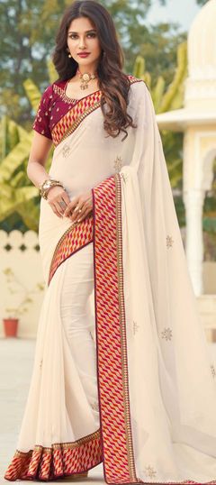 Beige and Brown color Saree in Georgette fabric with Border, Embroidered, Thread, Zari work