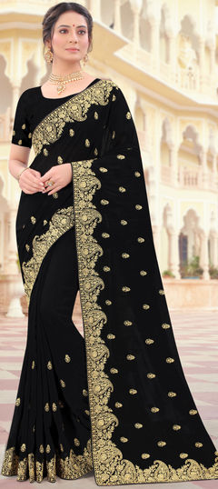 Black and Grey color Saree in Art Silk, Silk fabric with Embroidered, Stone, Thread, Zari work