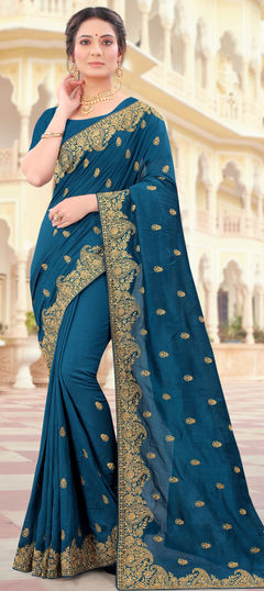 Blue color Saree in Art Silk, Silk fabric with Embroidered, Stone, Thread, Zari work