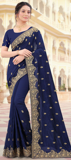 Blue color Saree in Art Silk, Silk fabric with Embroidered, Stone, Thread, Zari work