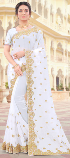 White and Off White color Saree in Georgette fabric with Embroidered, Stone, Thread, Zari work