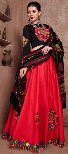 Black and Grey, Red and Maroon color Lehenga in Cotton fabric with Embroidered, Resham, Thread work