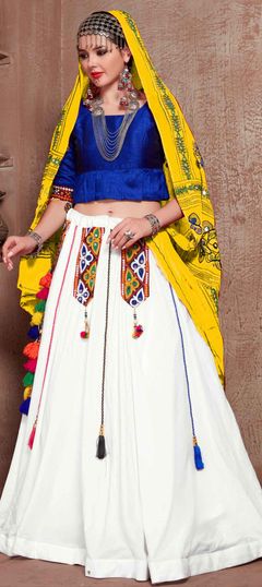 White and Off White, Yellow color Lehenga in Cotton fabric with Embroidered, Resham, Thread work