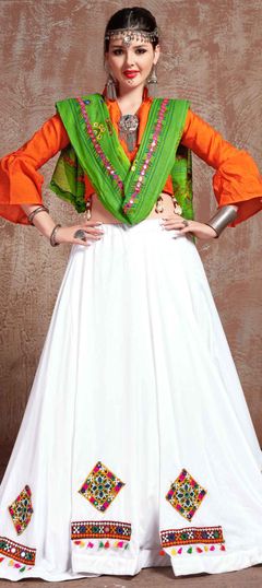 Green, White and Off White color Lehenga in Cotton fabric with Embroidered, Resham, Thread work