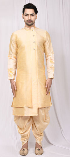 Gold color Dhoti Kurta in Art Silk fabric with Thread work