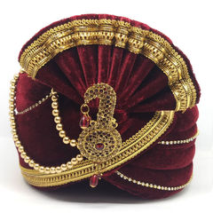 Red and Maroon color Turban in Velvet fabric with Lace work