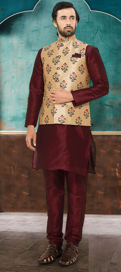 Red and Maroon color Kurta Pyjama with Jacket in Silk fabric with Floral, Printed work