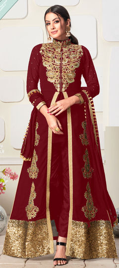 Red and Maroon color Salwar Kameez in Faux Georgette fabric with Embroidered, Patch, Stone, Thread, Zari work