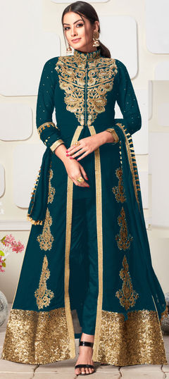 Blue color Salwar Kameez in Faux Georgette fabric with Embroidered, Patch, Stone, Thread, Zari work