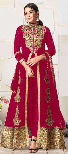 Pink and Majenta color Salwar Kameez in Faux Georgette fabric with Embroidered, Patch, Stone, Thread, Zari work