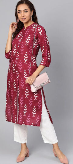 Red and Maroon color Tunic with Bottom in Rayon fabric with Printed work