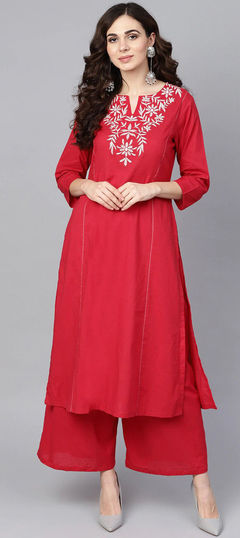 Red and Maroon color Tunic with Bottom in Rayon fabric with Embroidered, Thread work