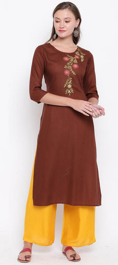 Beige and Brown color Tunic with Bottom in Rayon fabric with Embroidered, Thread work