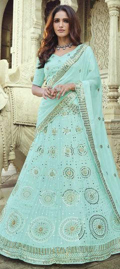 Blue color Lehenga in Georgette fabric with Sequence, Thread work