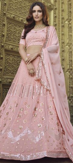 Pink and Majenta color Lehenga in Georgette fabric with Sequence, Thread work