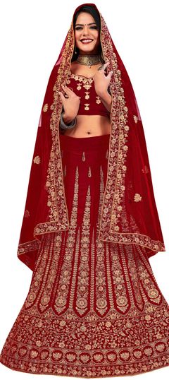 Bridal, Wedding Red and Maroon color Lehenga in Velvet fabric with A Line Embroidered, Stone, Thread, Zari work : 1742980