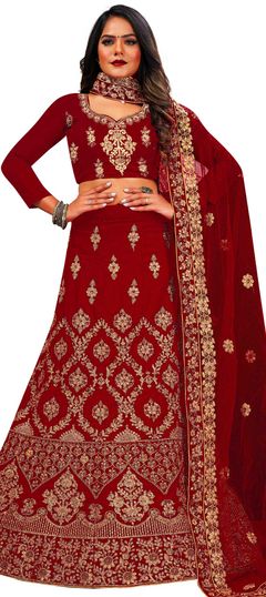 Red and Maroon color Lehenga in Velvet fabric with Embroidered, Stone, Thread, Zari work