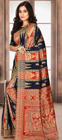 Blue, Red and Maroon color Saree in Kanchipuram Silk, Silk fabric with Stone, Weaving work