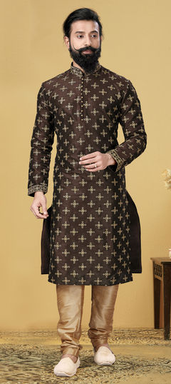 Beige and Brown color Kurta Pyjamas in Dupion Silk fabric with Embroidered, Thread work