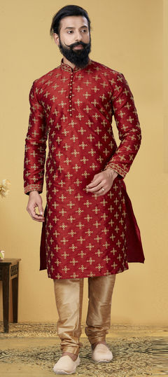 Red and Maroon color Kurta Pyjamas in Dupion Silk fabric with Embroidered, Thread work