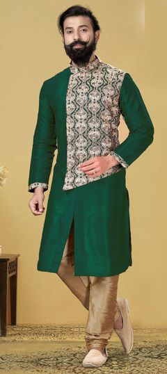 Green color Kurta Pyjamas in Dupion Silk fabric with Embroidered, Thread work